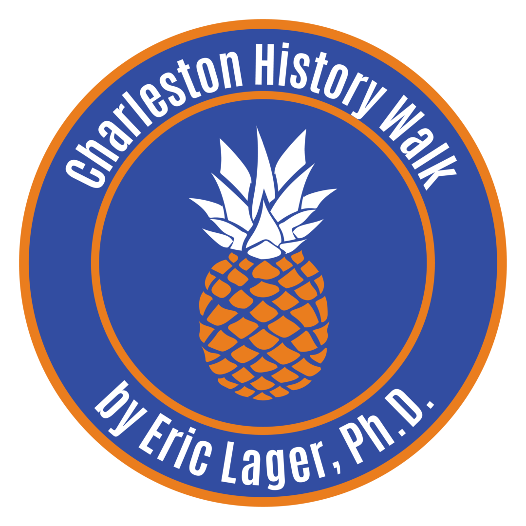 A blue and orange logo for charleston history walk.